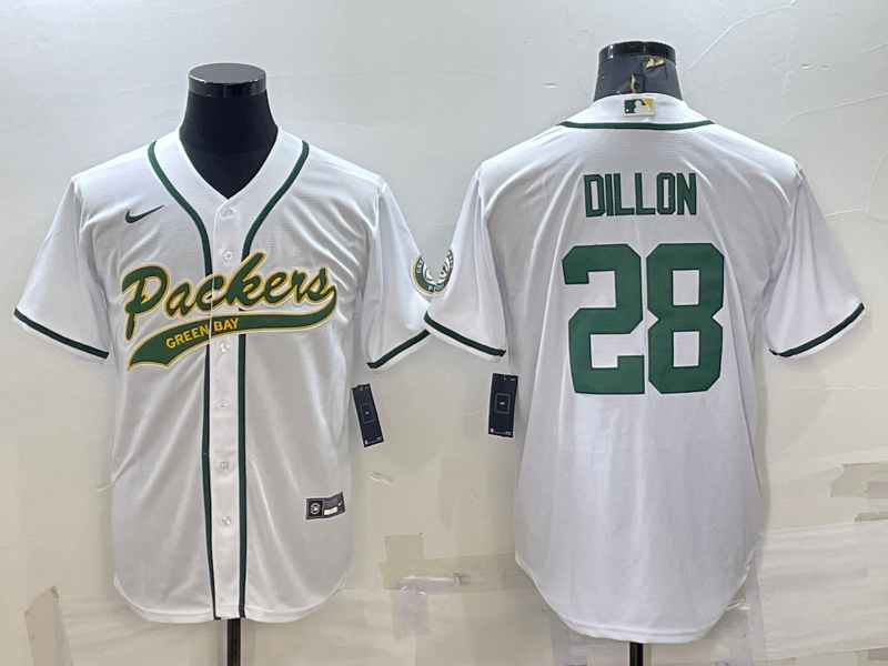 Men's Green Bay Packers #28 A.J. Dillon White With Patch Cool Base Stitched Baseball Jersey